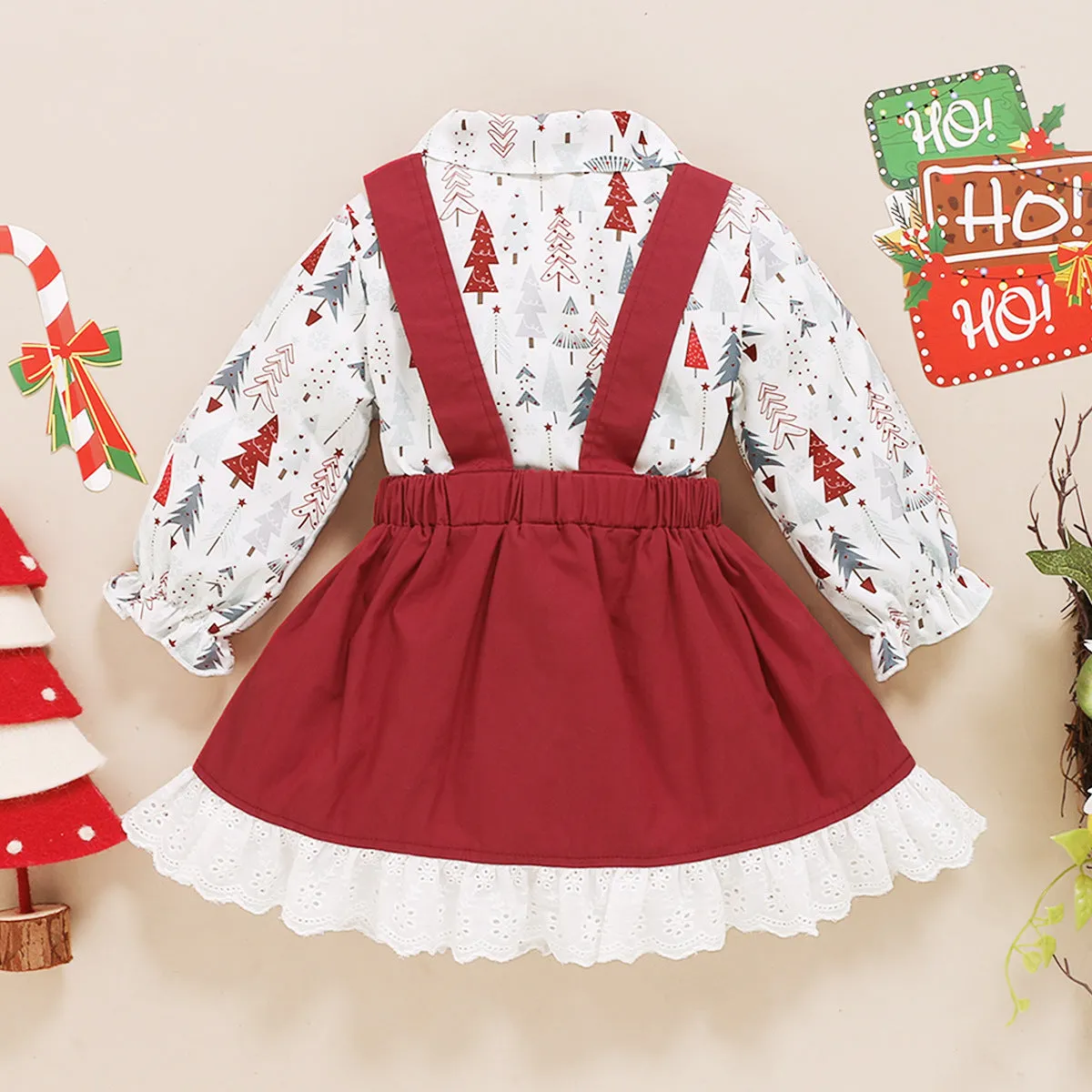 2 Pieces Set Baby Kid Girls Christmas Plant Print Shirts And Solid Color Dresses Wholesale 23101517