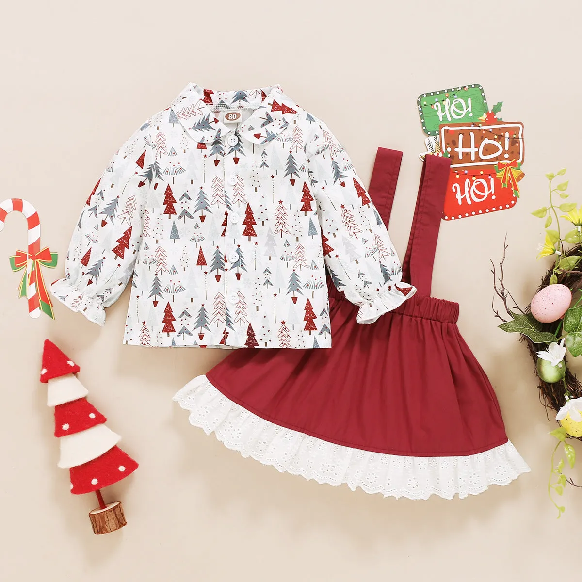 2 Pieces Set Baby Kid Girls Christmas Plant Print Shirts And Solid Color Dresses Wholesale 23101517