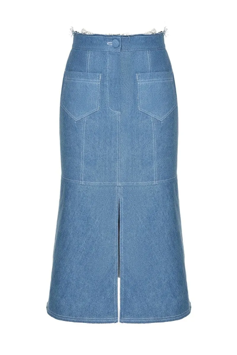 AQUA DENIM MIDI SKIRT