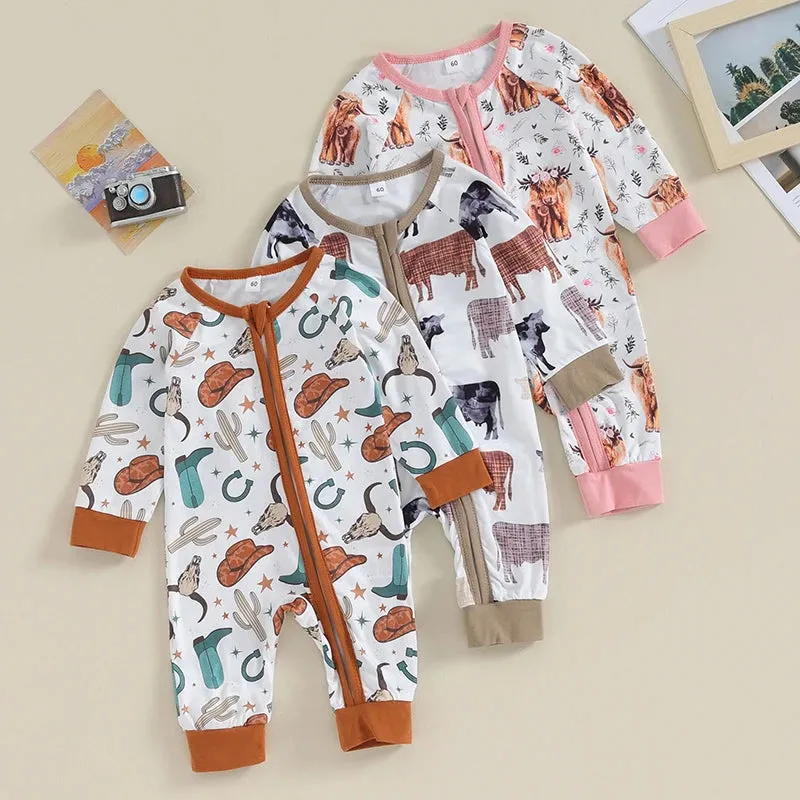 Baby Boys & Girls Western Zip Layette Romper - Highland Cow Cactus