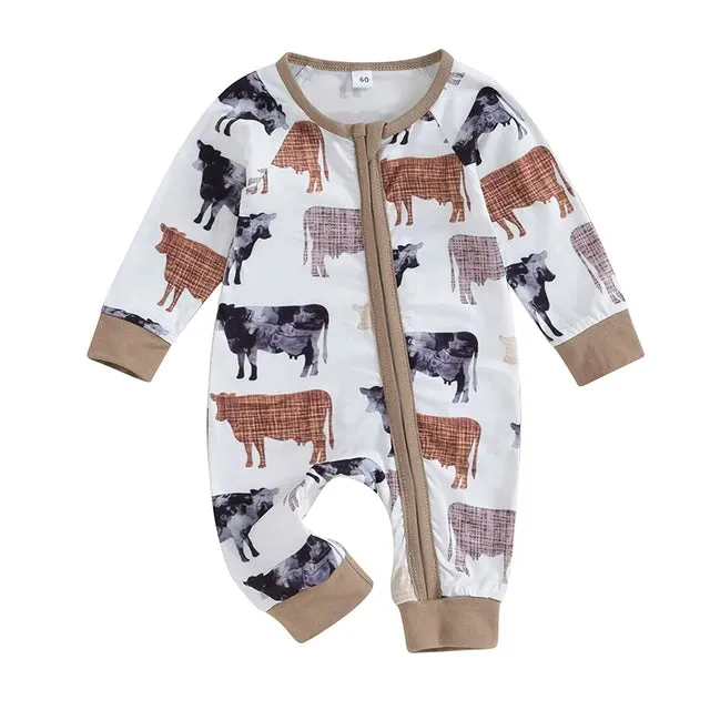 Baby Boys & Girls Western Zip Layette Romper - Highland Cow Cactus