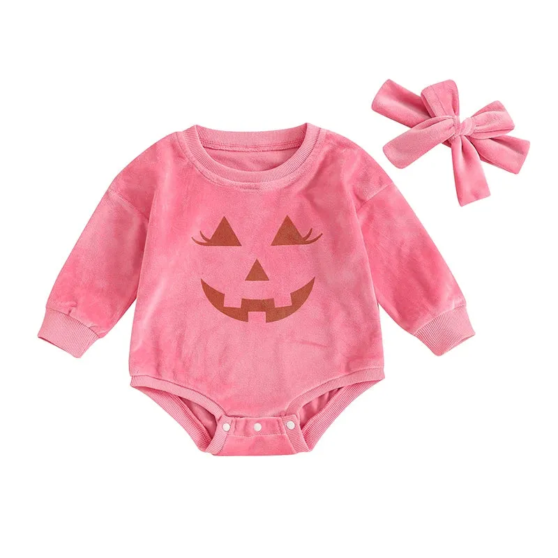 Baby Girls Halloween Pink Velour Onesie Romper with Headband