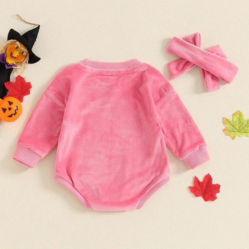 Baby Girls Halloween Pink Velour Onesie Romper with Headband