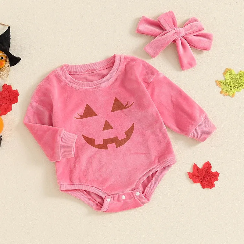 Baby Girls Halloween Pink Velour Onesie Romper with Headband