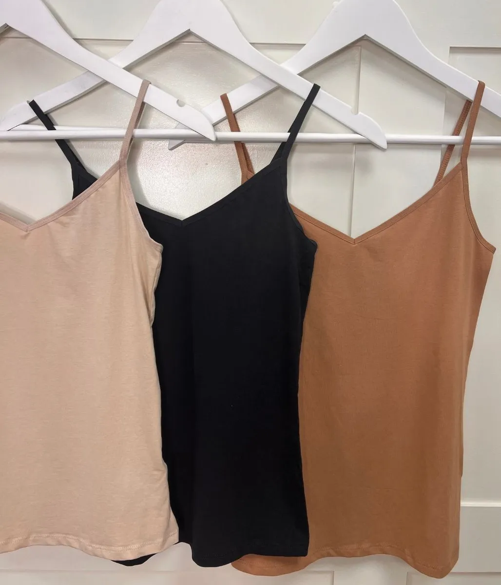 Black/Caramel/Nude 3 Pack Cotton Rich Strappy Vests