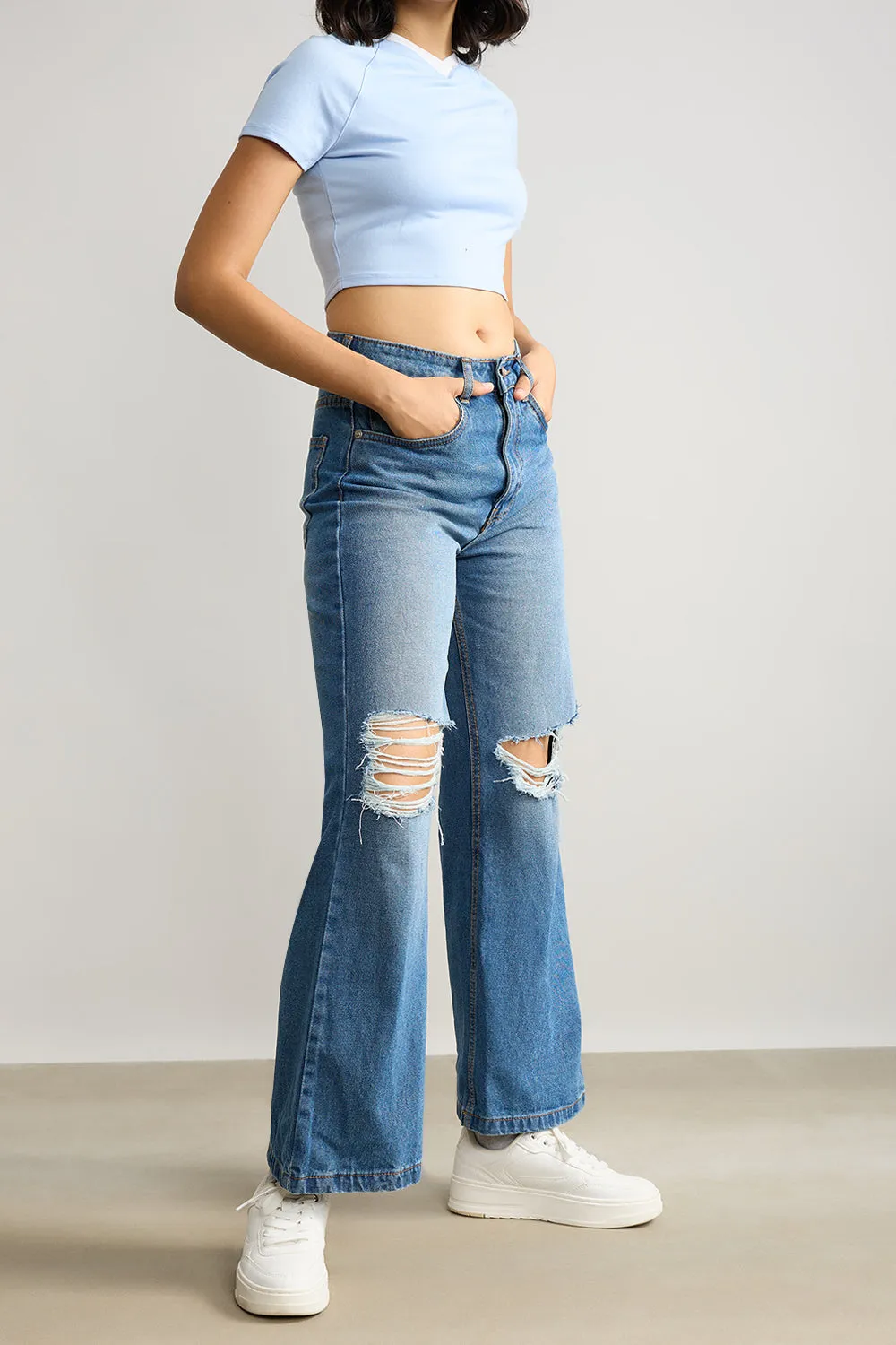 Blue Wide Leg Ripped Jeans