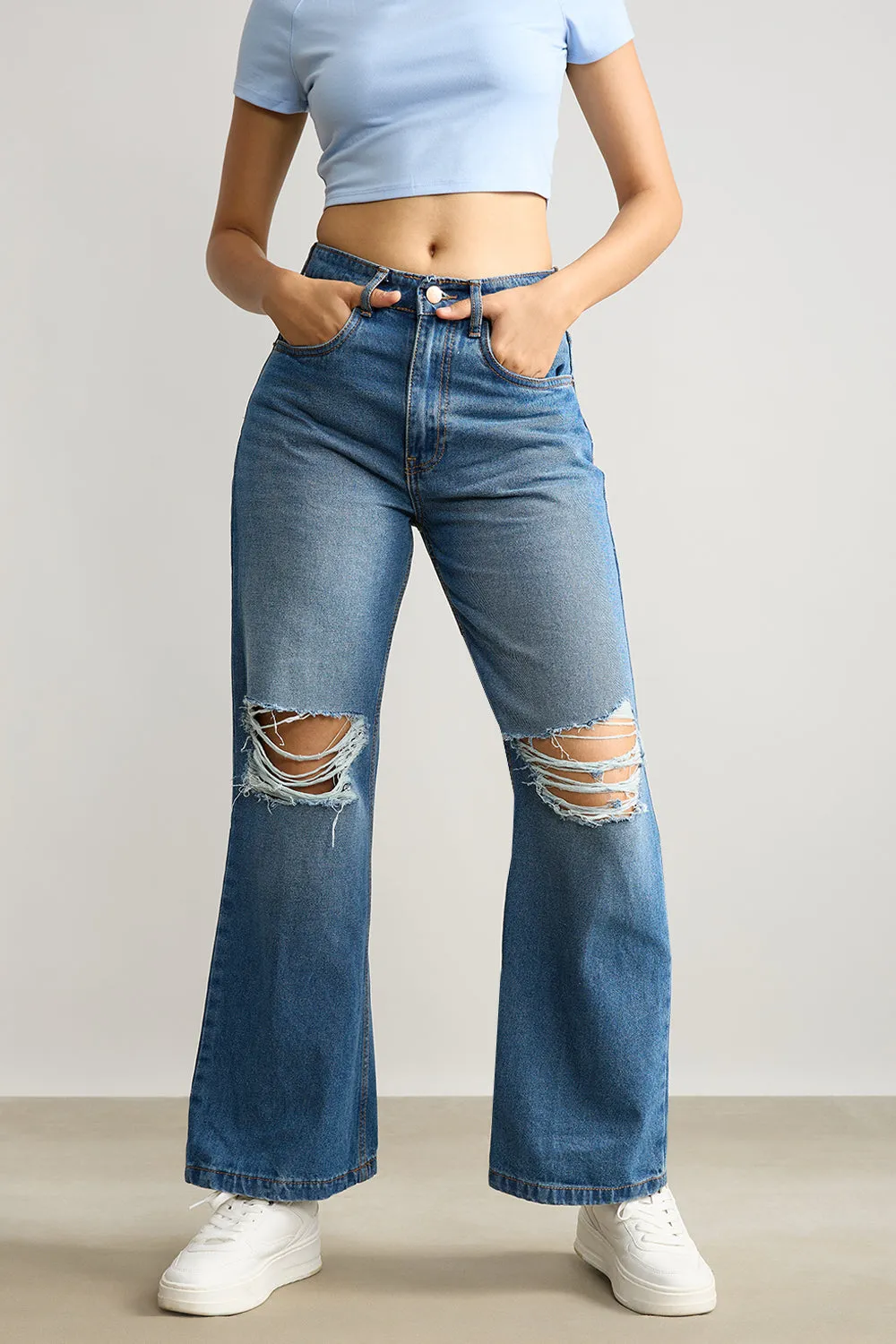 Blue Wide Leg Ripped Jeans