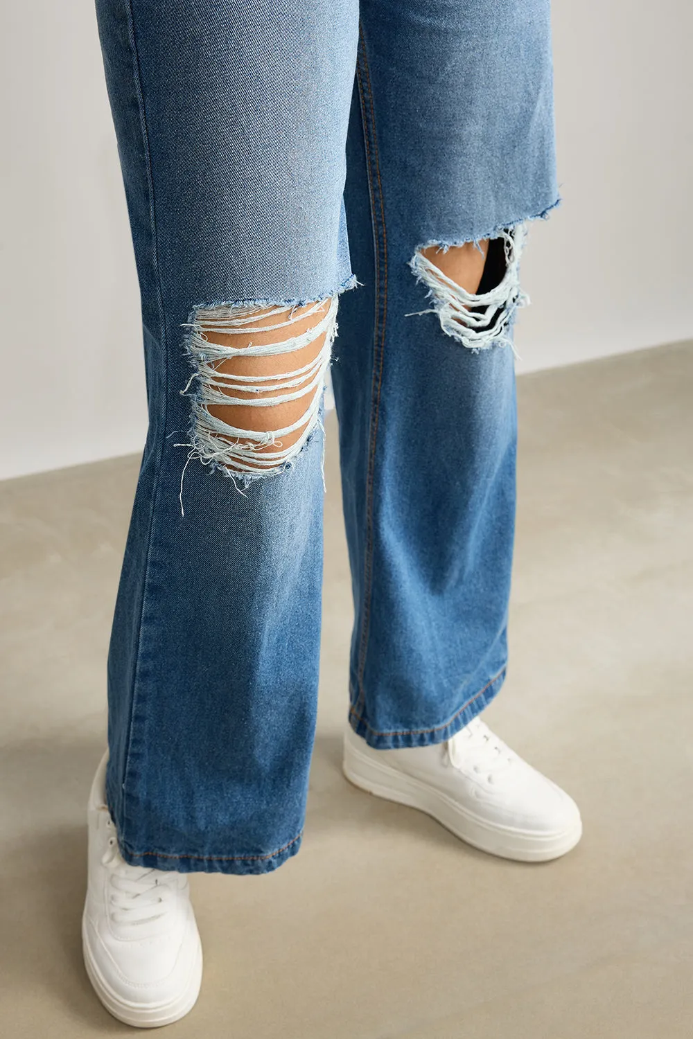 Blue Wide Leg Ripped Jeans