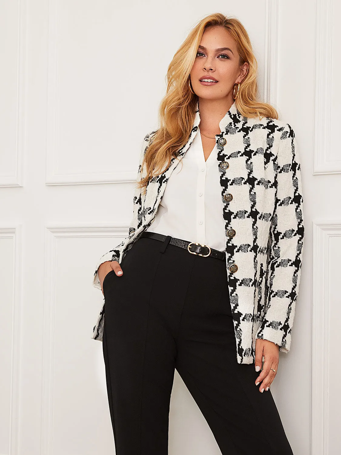 Boucle Button-Front Blazer With Mandarin Collar