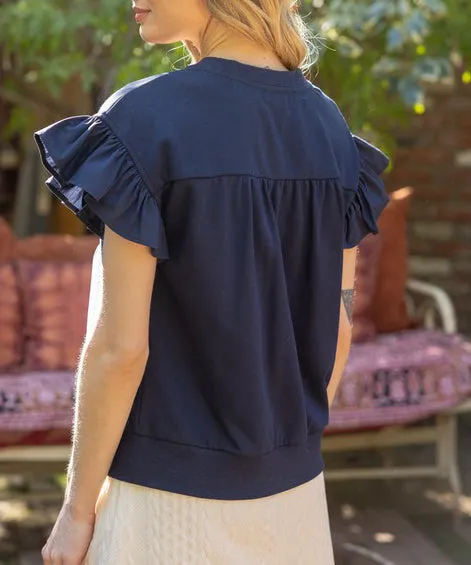 Bow Ruffle Sleeve Top - Navy