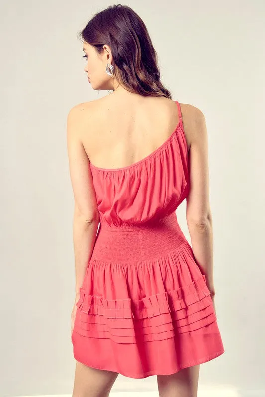 CAREFREE PLEATED ONE SHOULDER CAMI DRESS