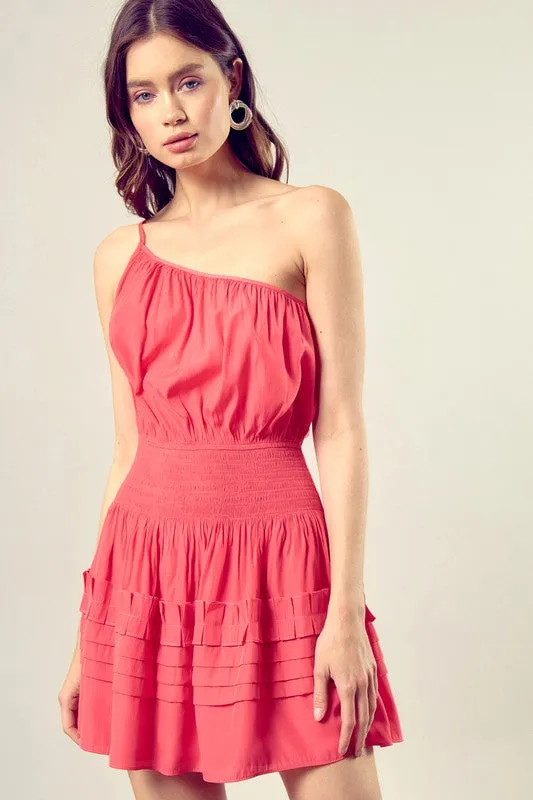 CAREFREE PLEATED ONE SHOULDER CAMI DRESS