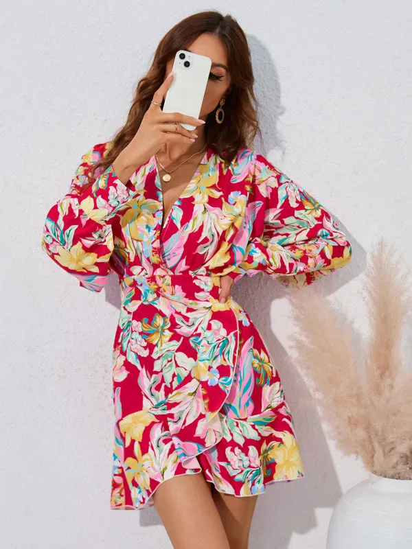 Casual holiday floral V-neck irregular long-sleeved dress