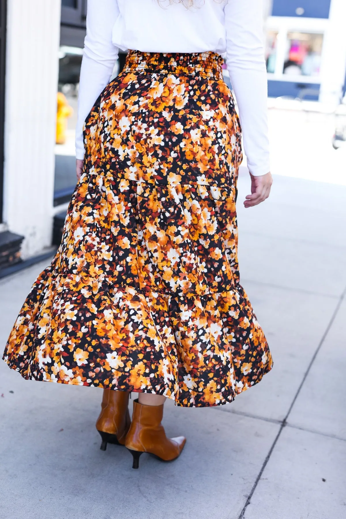 Casual Living Black Floral Tiered Smocked Waist Midi Skirt