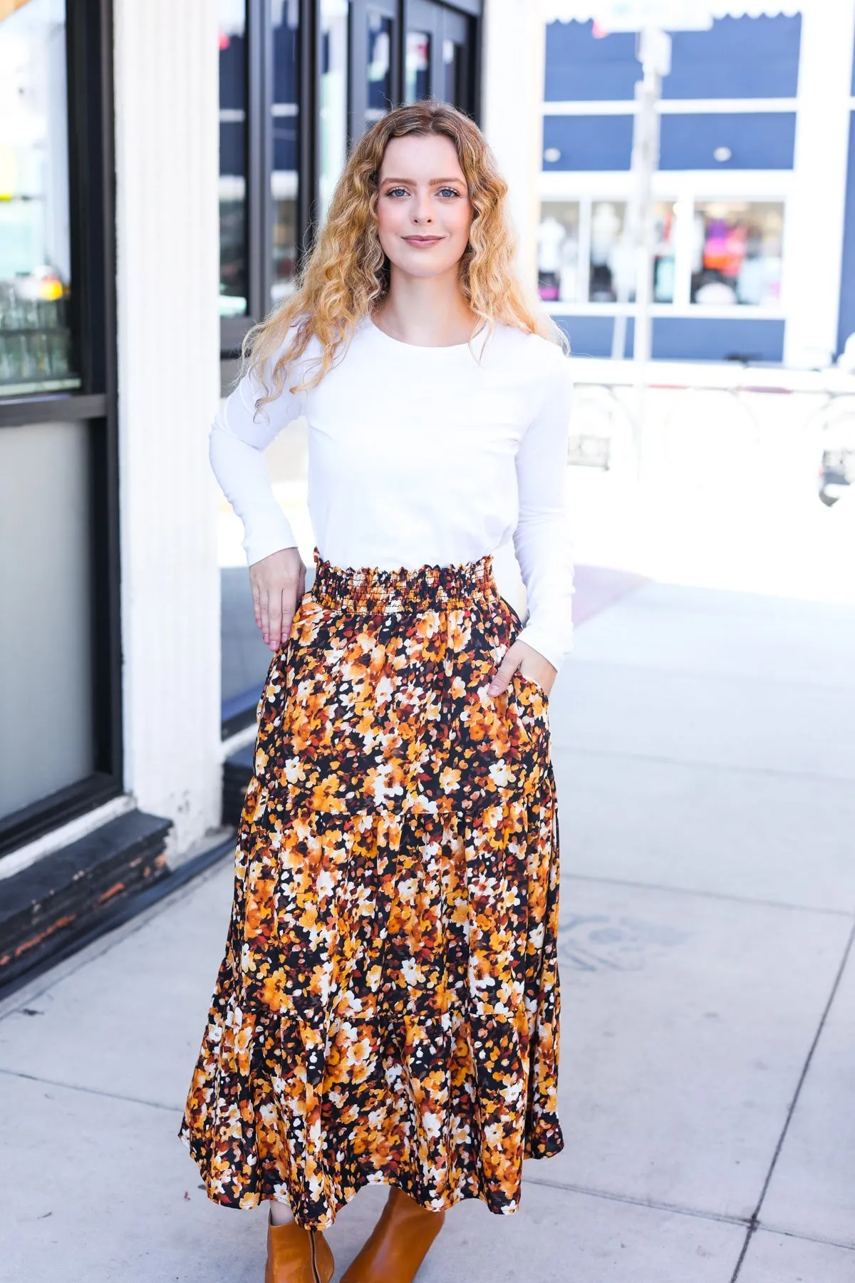 Casual Living Black Floral Tiered Smocked Waist Midi Skirt