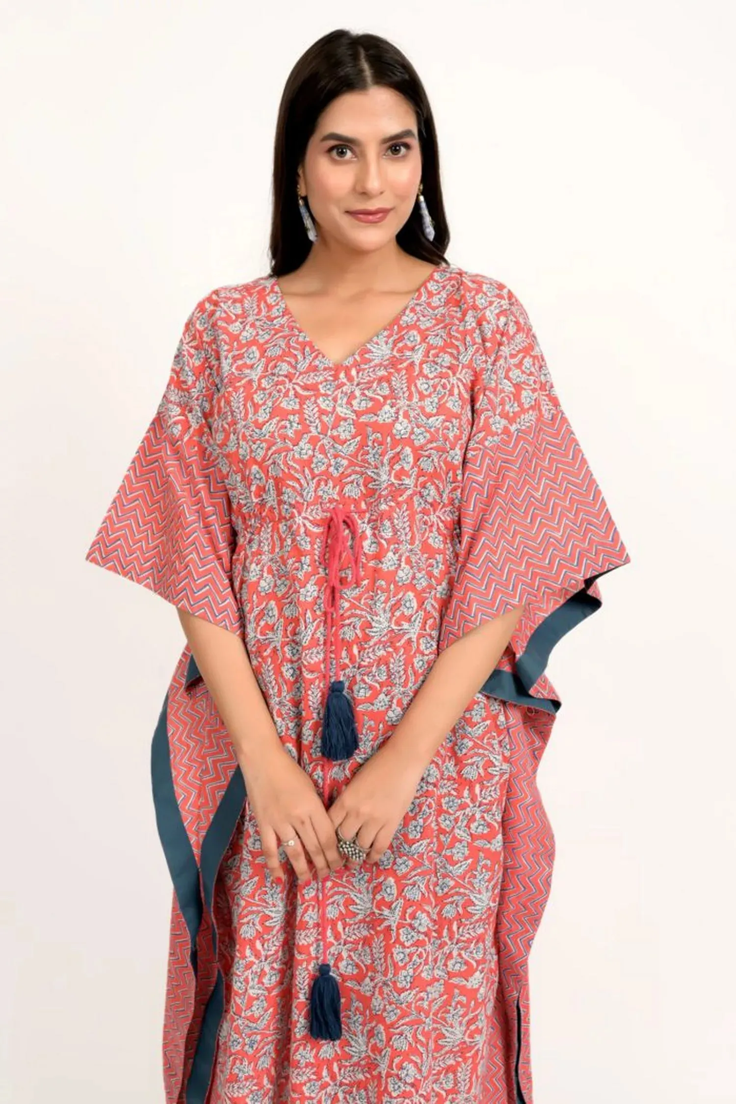 Coral Pink And Blue Printed Long Kaftan