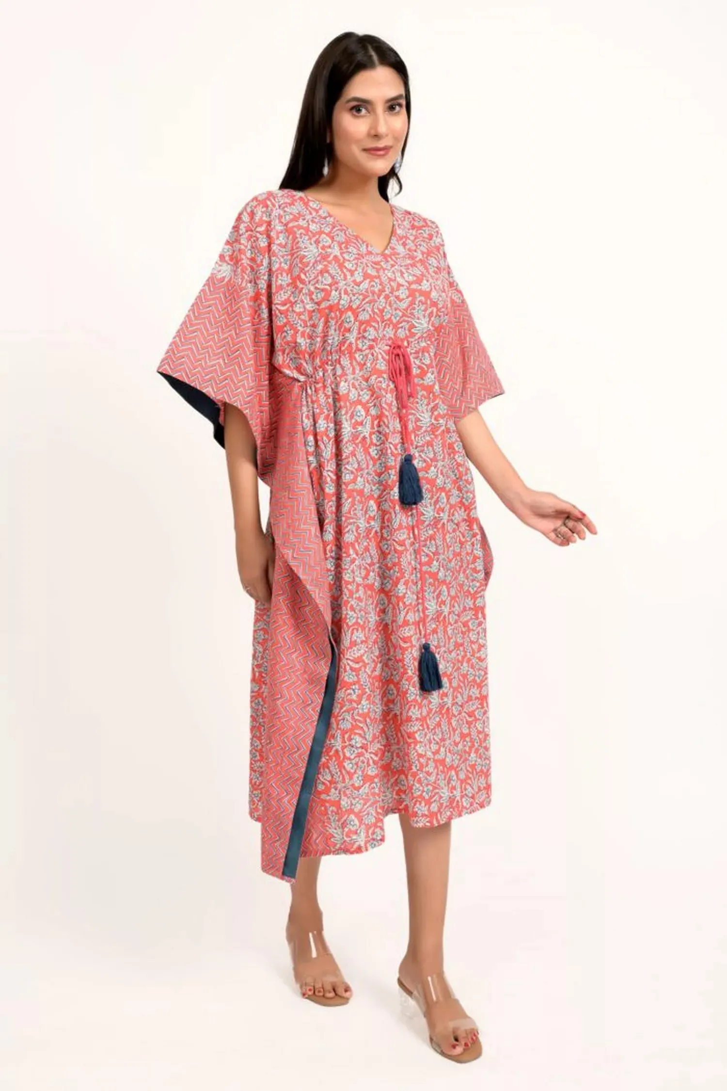 Coral Pink And Blue Printed Long Kaftan