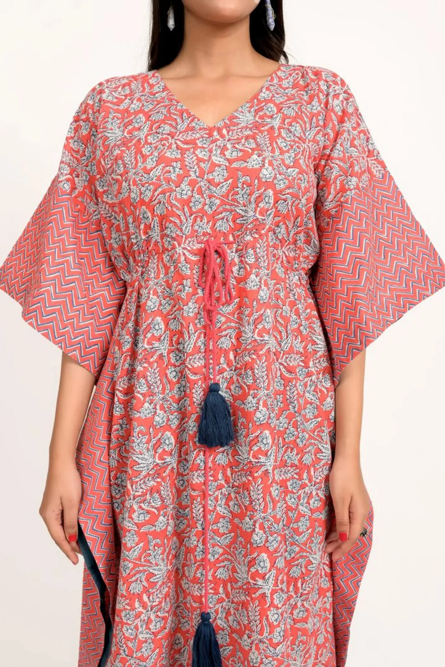 Coral Pink And Blue Printed Long Kaftan