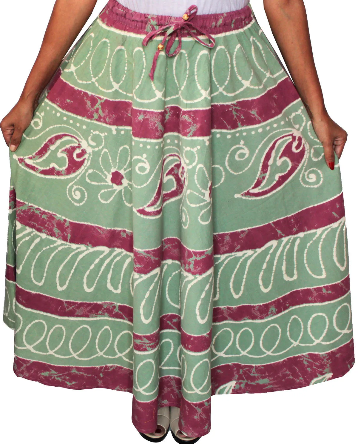 Cotton Batik Printed Womens Long Skirt India Clothing (Green)