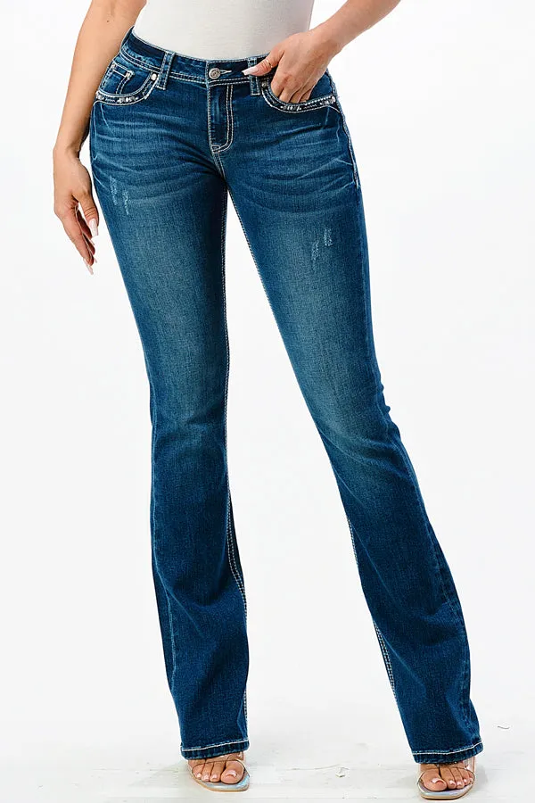 Cross /Wing Embellished Mid Rise Bootcut Jeans