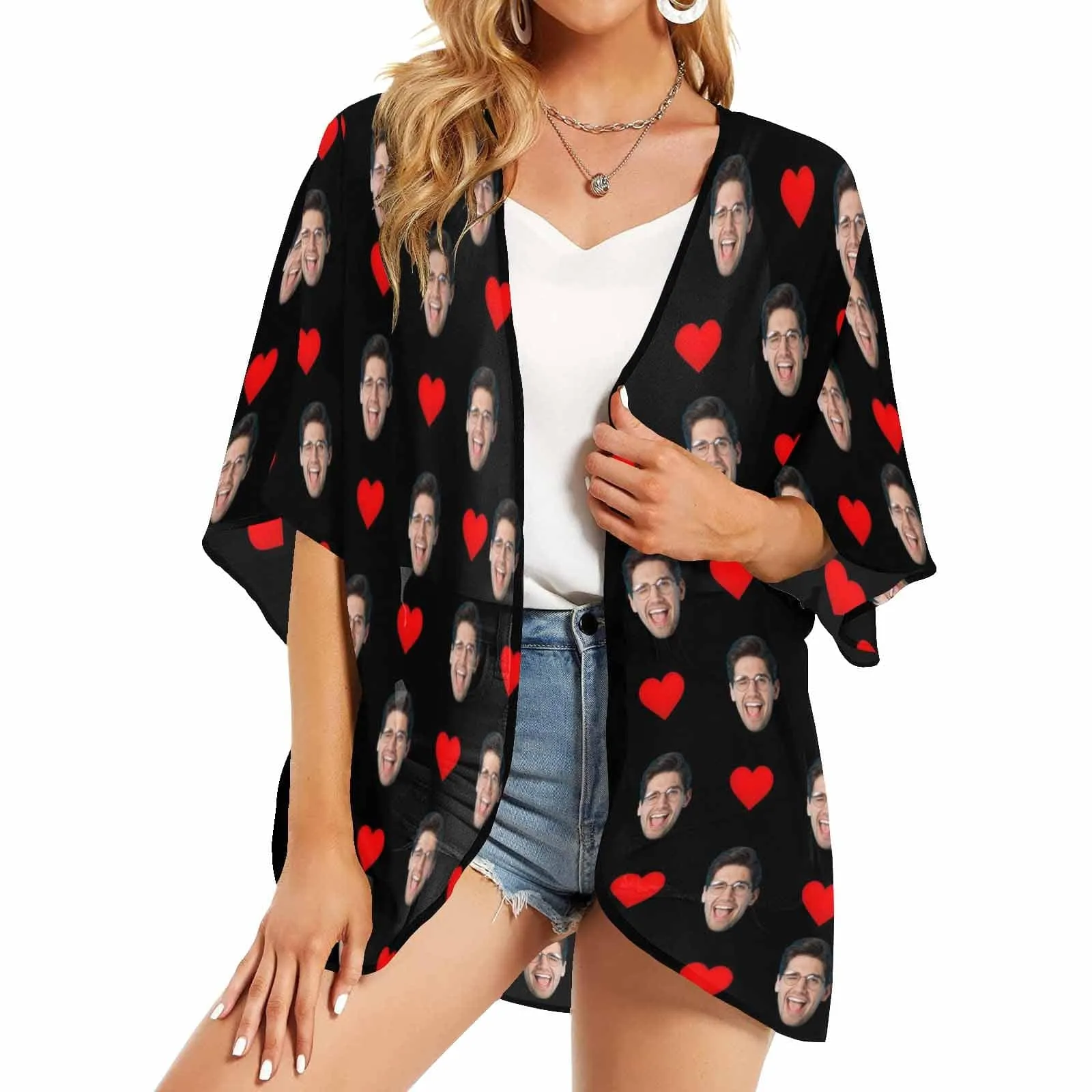 Custom Face Love Heart Women's Bikini Swimsuit Long Short Kimono Chiffon Blouse Set