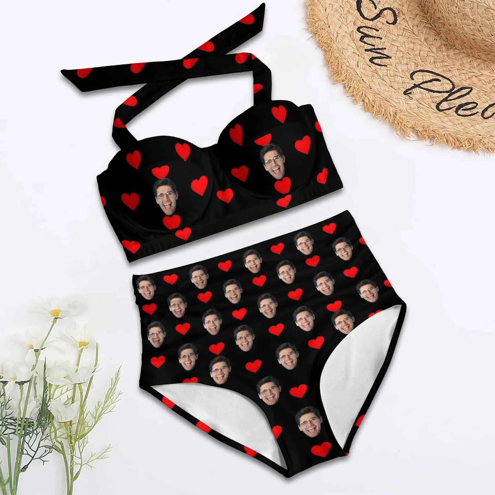 Custom Face Love Heart Women's Bikini Swimsuit Long Short Kimono Chiffon Blouse Set