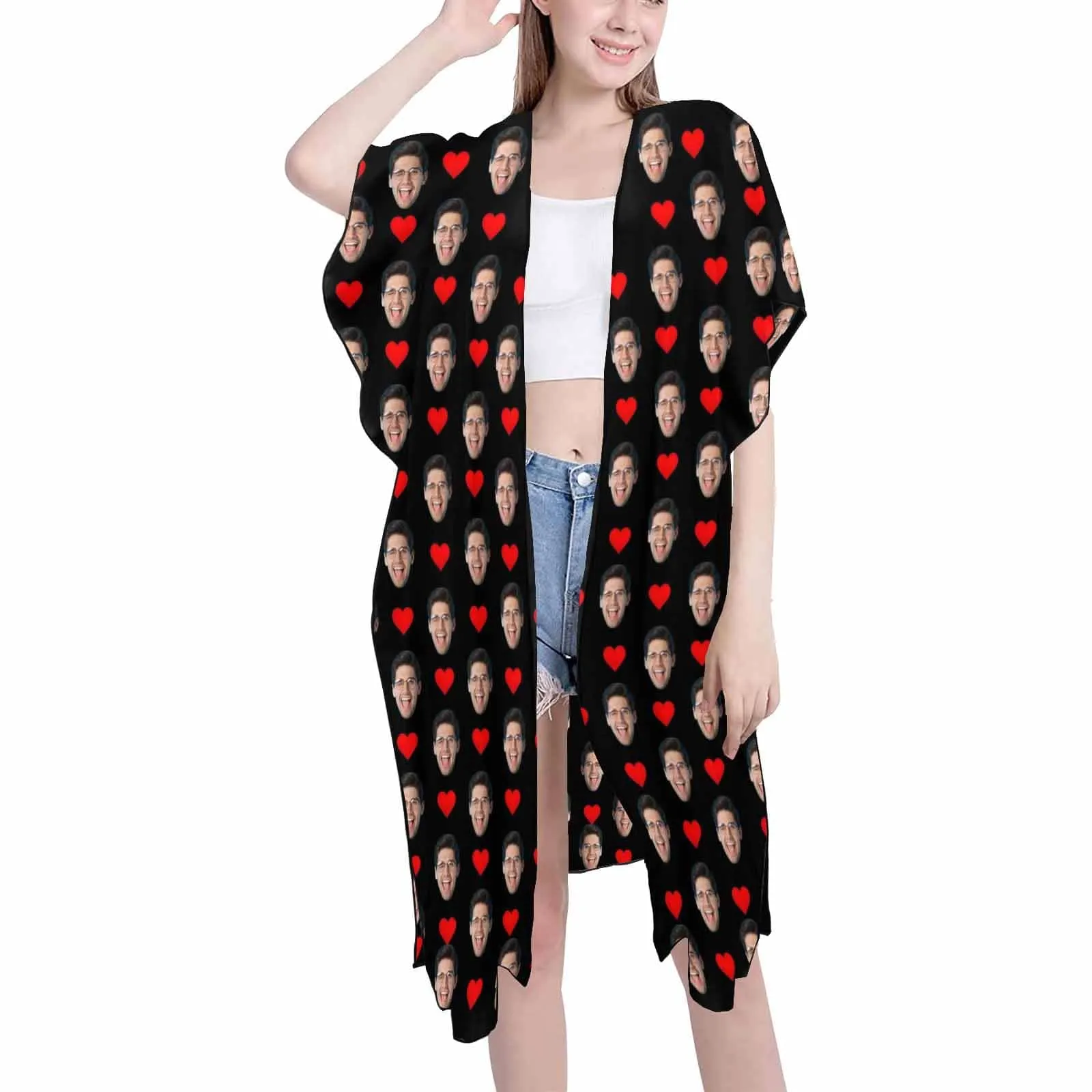 Custom Face Love Heart Women's Bikini Swimsuit Long Short Kimono Chiffon Blouse Set