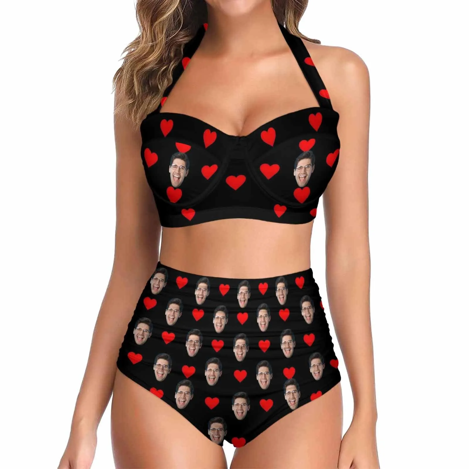 Custom Face Love Heart Women's Bikini Swimsuit Long Short Kimono Chiffon Blouse Set