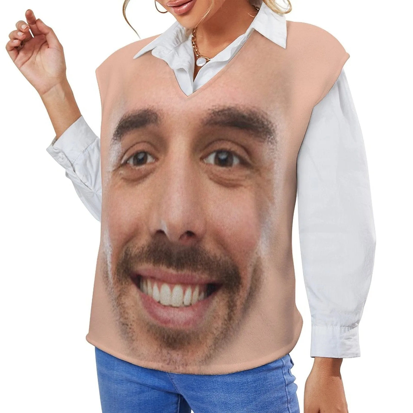 Custom Face Sweater Vest for Women Big Face V Neck Sleeveless Casual Pullover Tops Photo Ugly Sweater Personalized Ugly Sweater With Photo