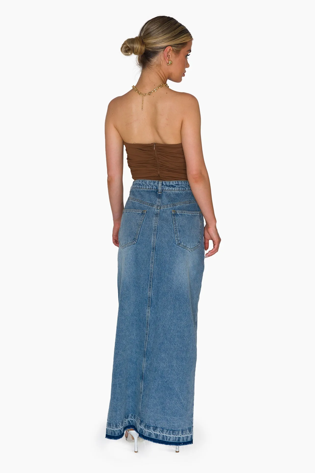 Denim Slit Front Maxi Skirt