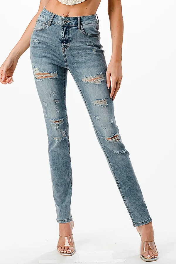 Distressed Basic Light Wash Mid Rise Skinny Jeans