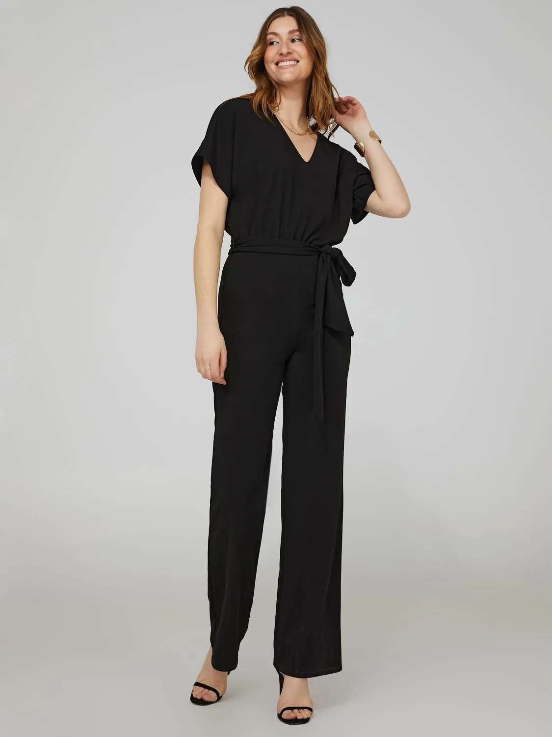 Dolman Sleeve V-Front Wide Leg Jumpsuit