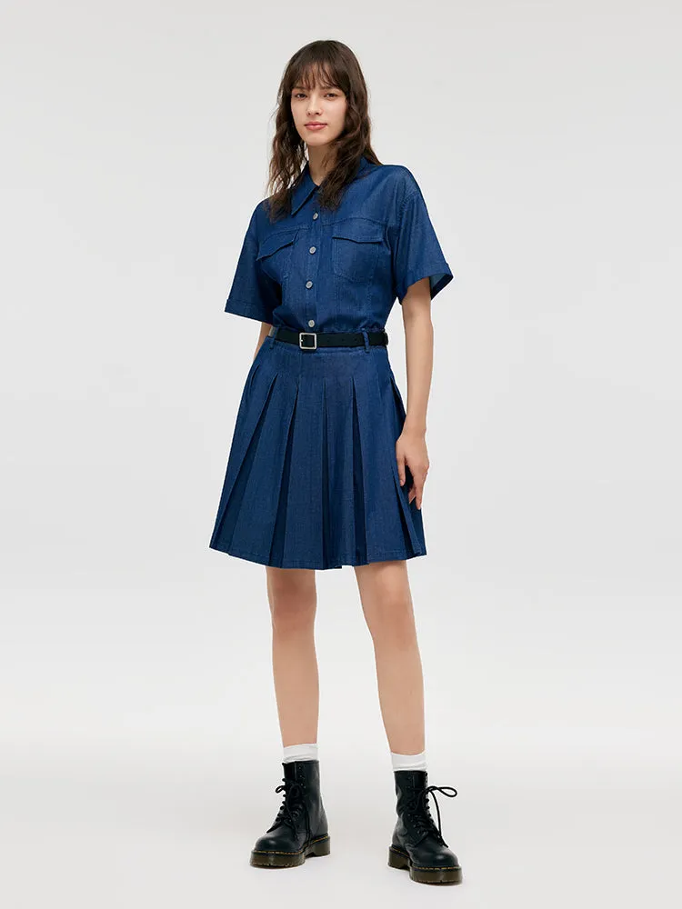 Double-Layer Denim Women Mini Dress With Belt