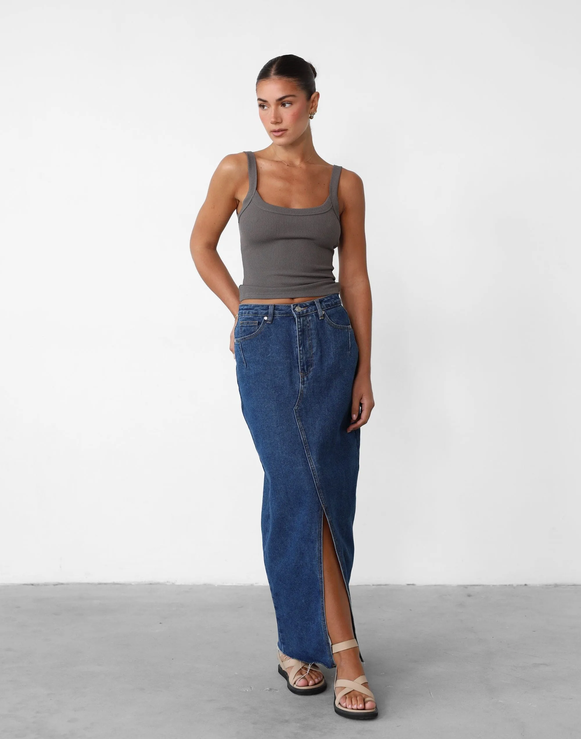 Drew Denim Midi Skirt (Dark Denim)