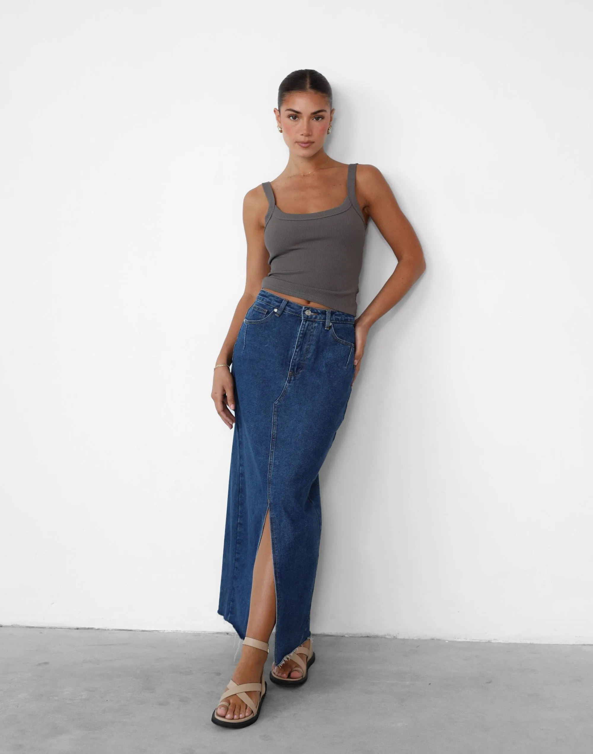 Drew Denim Midi Skirt (Dark Denim)