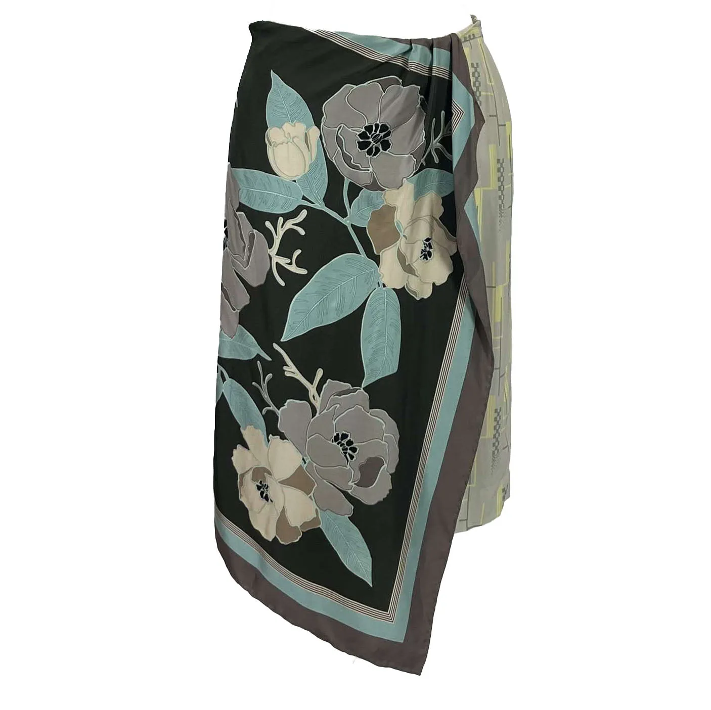 Dries Van Noten Olive & Pastels Silk Scarf Midi Skirt S