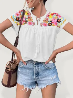 Embroidered Tassel Tie Top