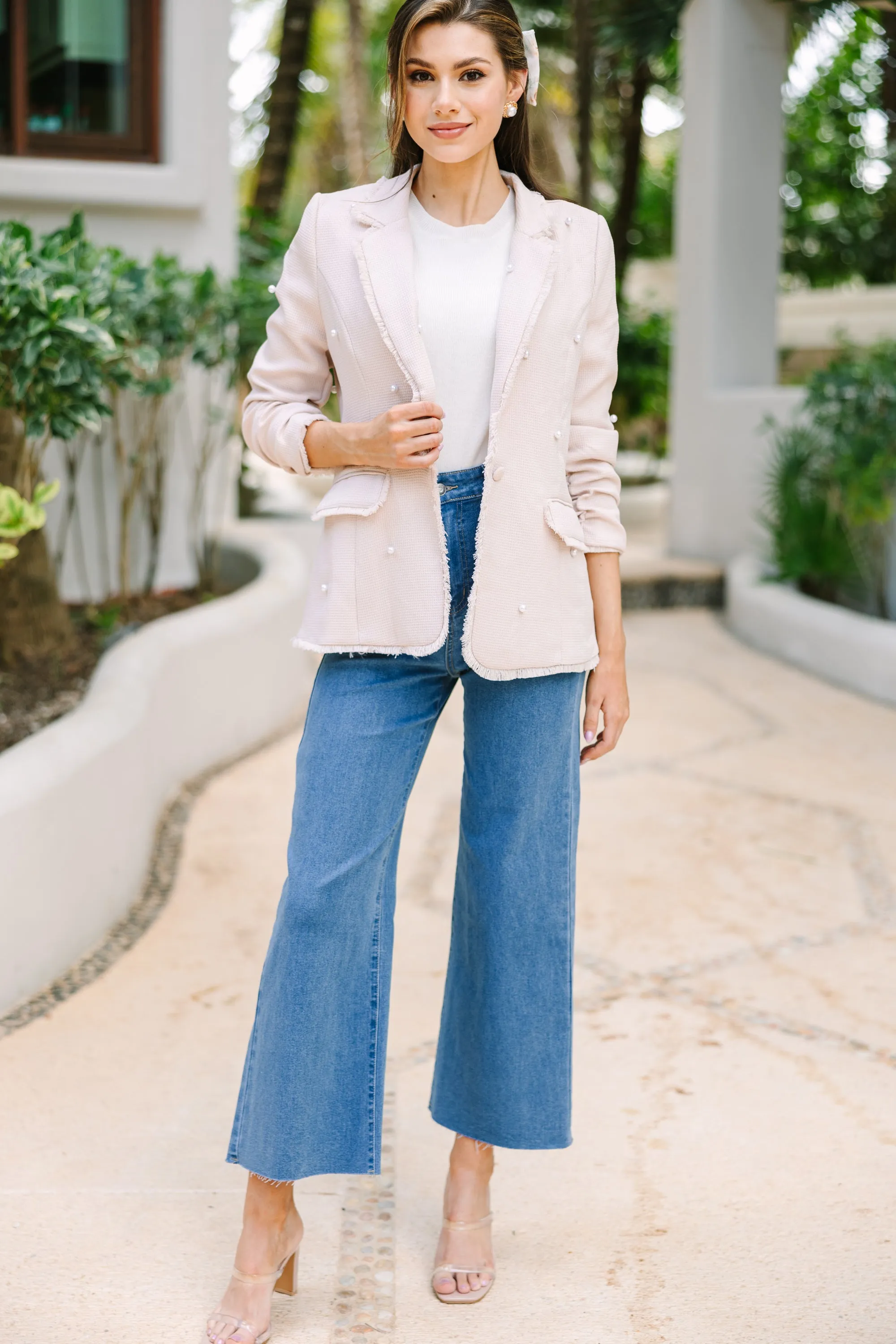 Feeling Inspired Cream White Pearl Embellished Blazer