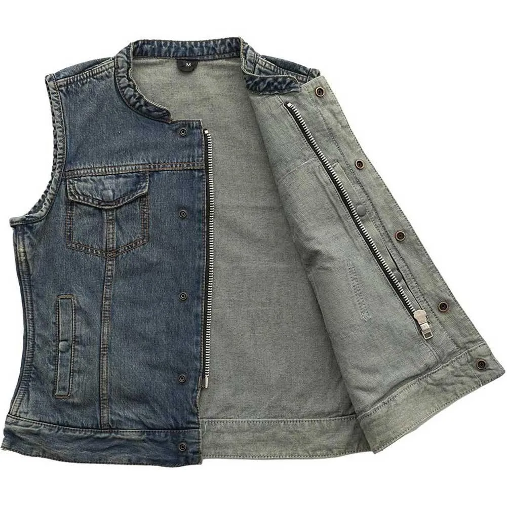 First Mfg Womens Lexy Washed Denim Motorcycle Vest Size SMALL - Final Sale Ships Same Day