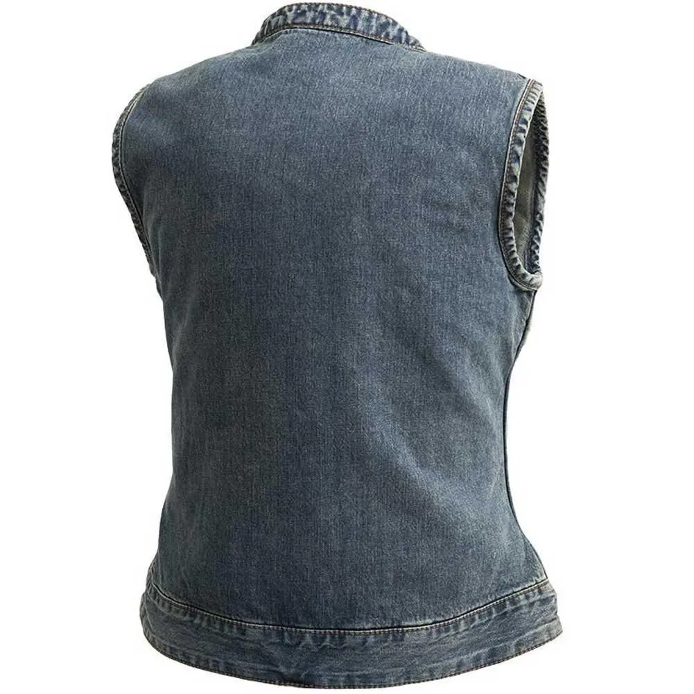 First Mfg Womens Lexy Washed Denim Motorcycle Vest Size SMALL - Final Sale Ships Same Day