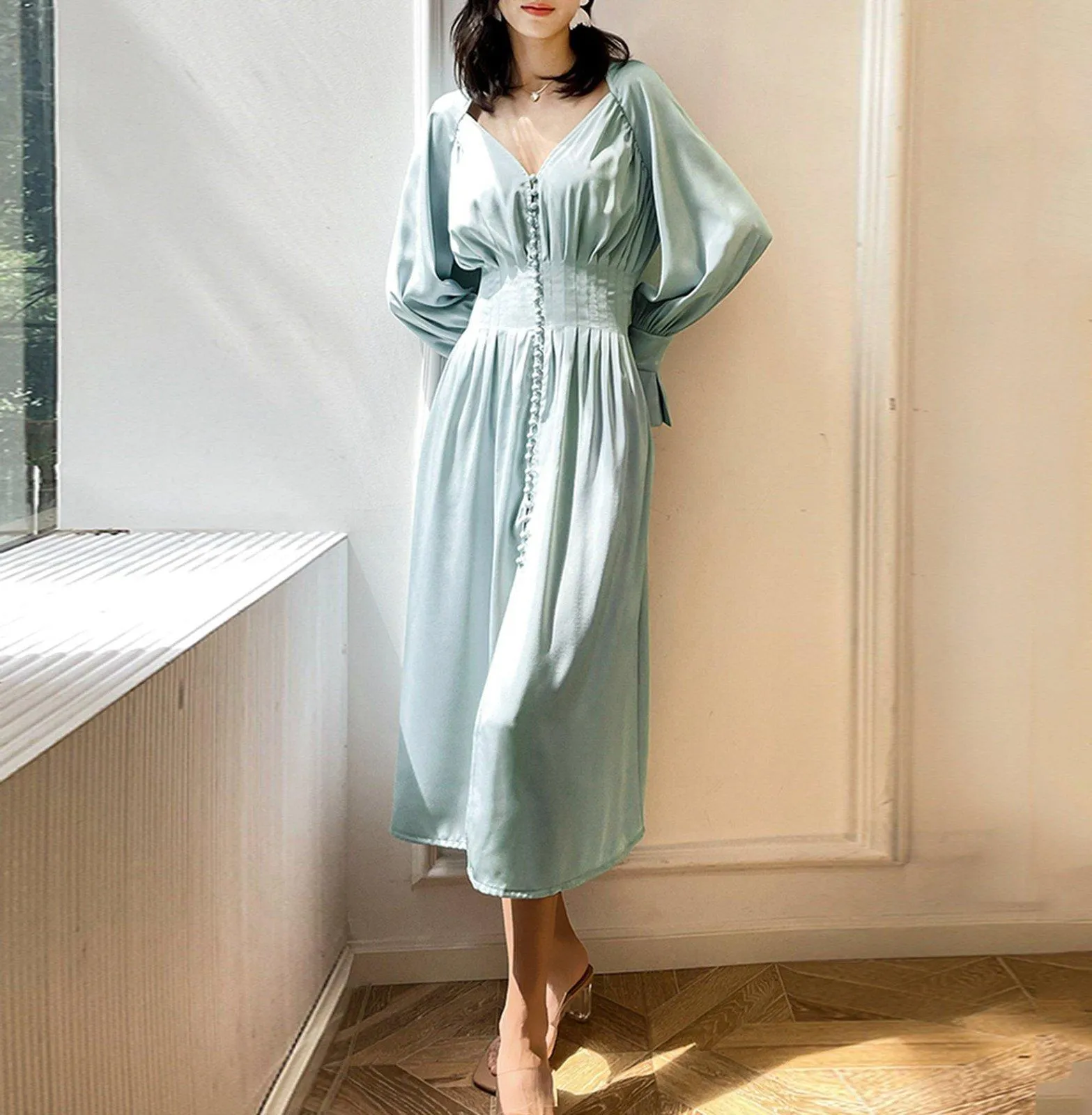 Flare Sleeve Smocked Waist Midi Dress