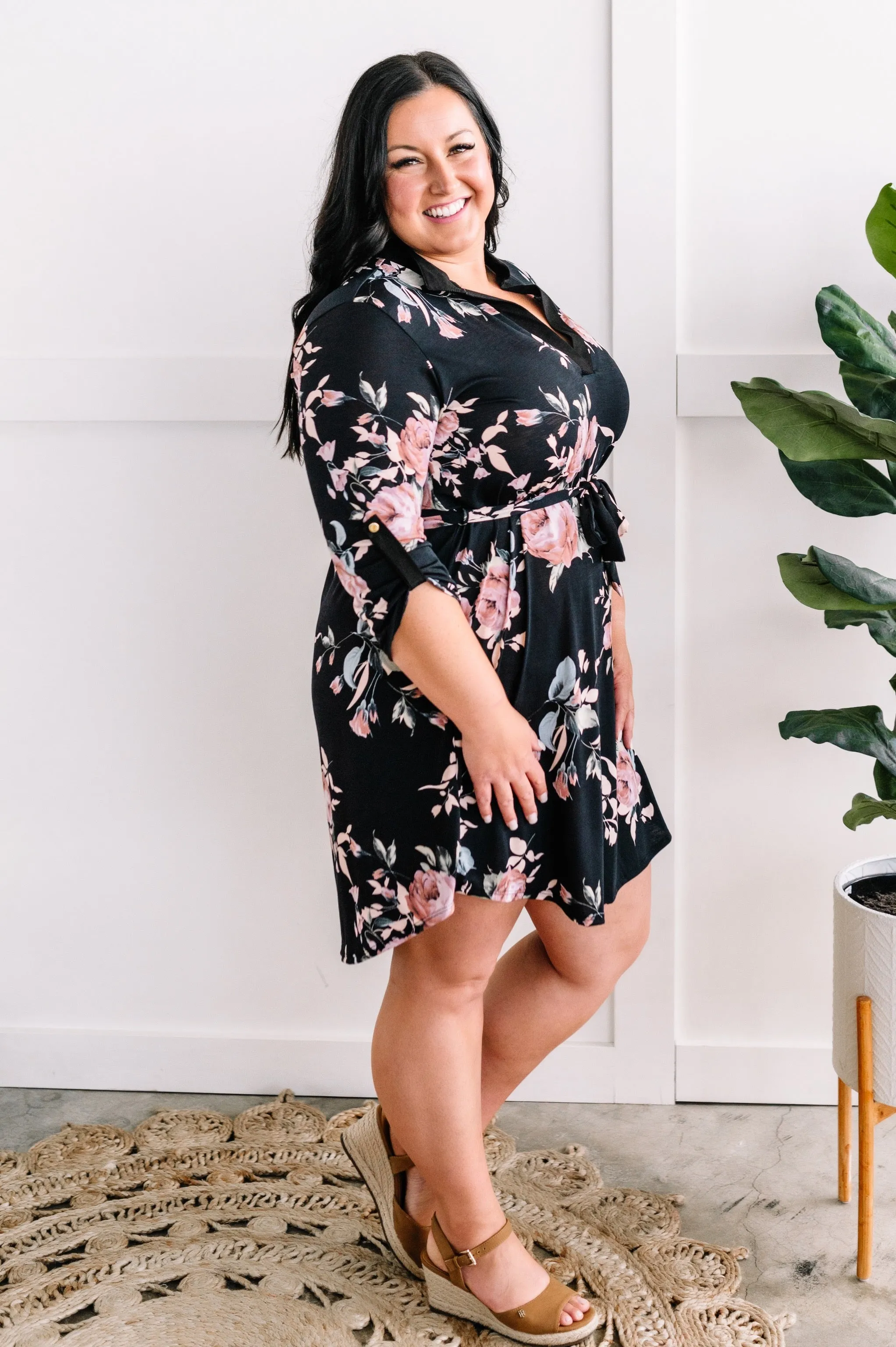 Floral Gabby Dress With Tie Belt In Black