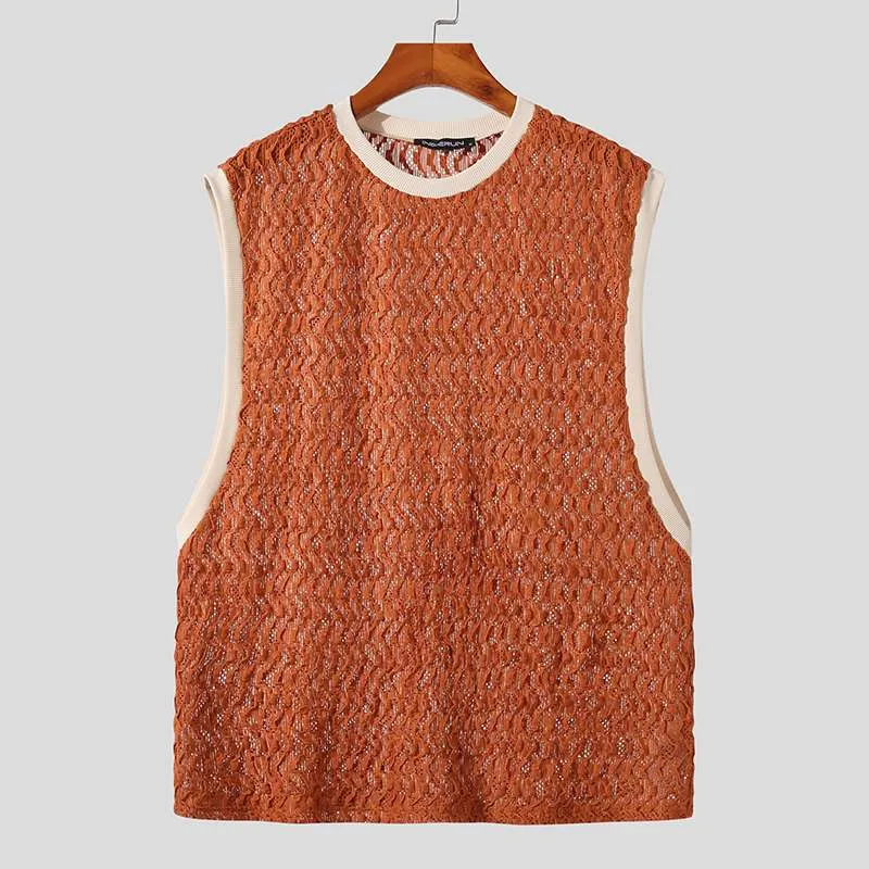 Foesce - Men Tank Tops Patchwork Mesh Transparent Lace Streetwear O-neck Sleeveless Vests Sexy Fashion Men Clothing S-5XL