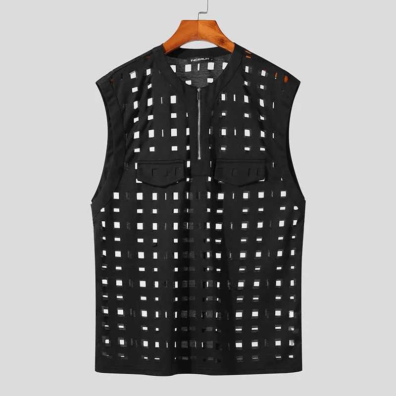 Foesce -Men Tank Tops Hollow Out Zipper O-neck Sleeveless Streetwear Sexy Casual Vests Korean Fashion Men Clothing S-5XL