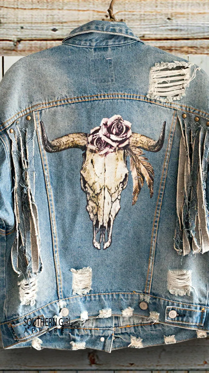 Fringed, Distressed & Shredded Bull Head Skull & Roses Denim Jacket