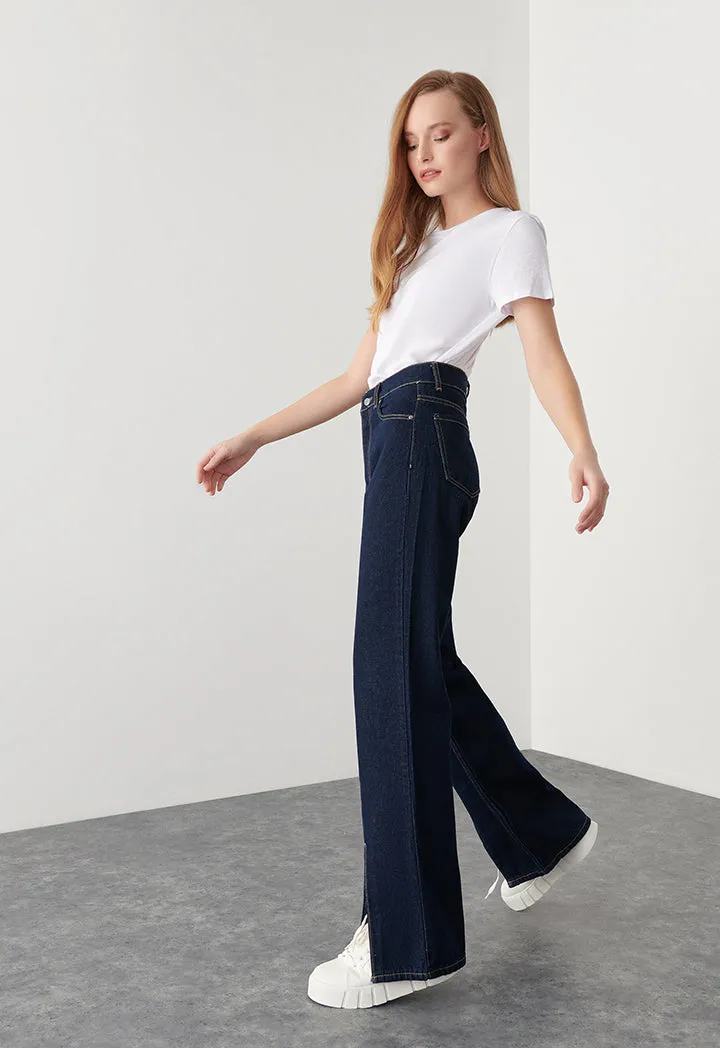 Front Slit Hem Solid Denim Jeans