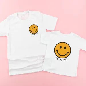 Happy Mama   Be Happy - YELLOW   BLACK Smiley Faces | Set of 2 White Shirts