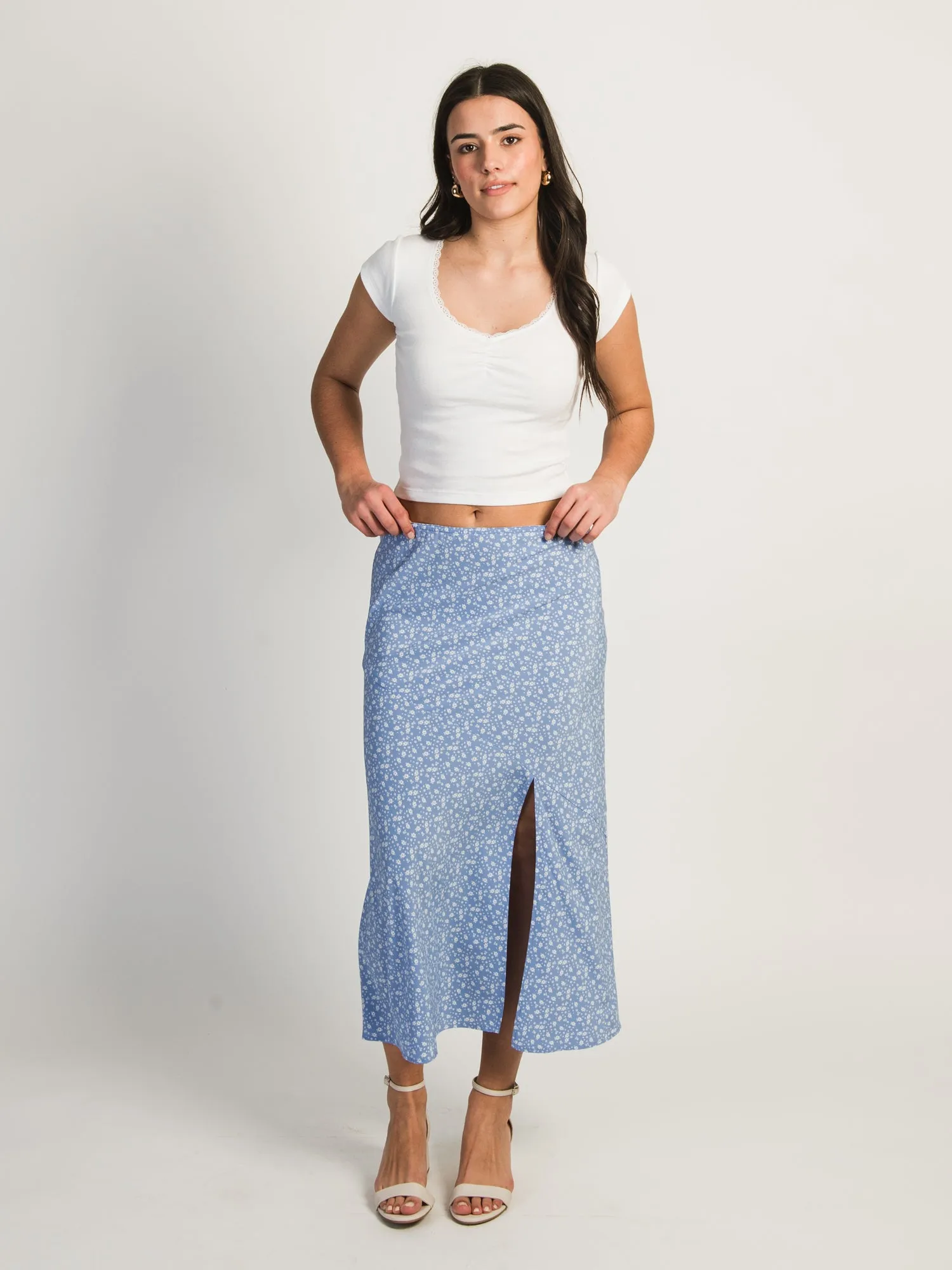 HARLOW MIDI SLIT SKIRT - BLUE