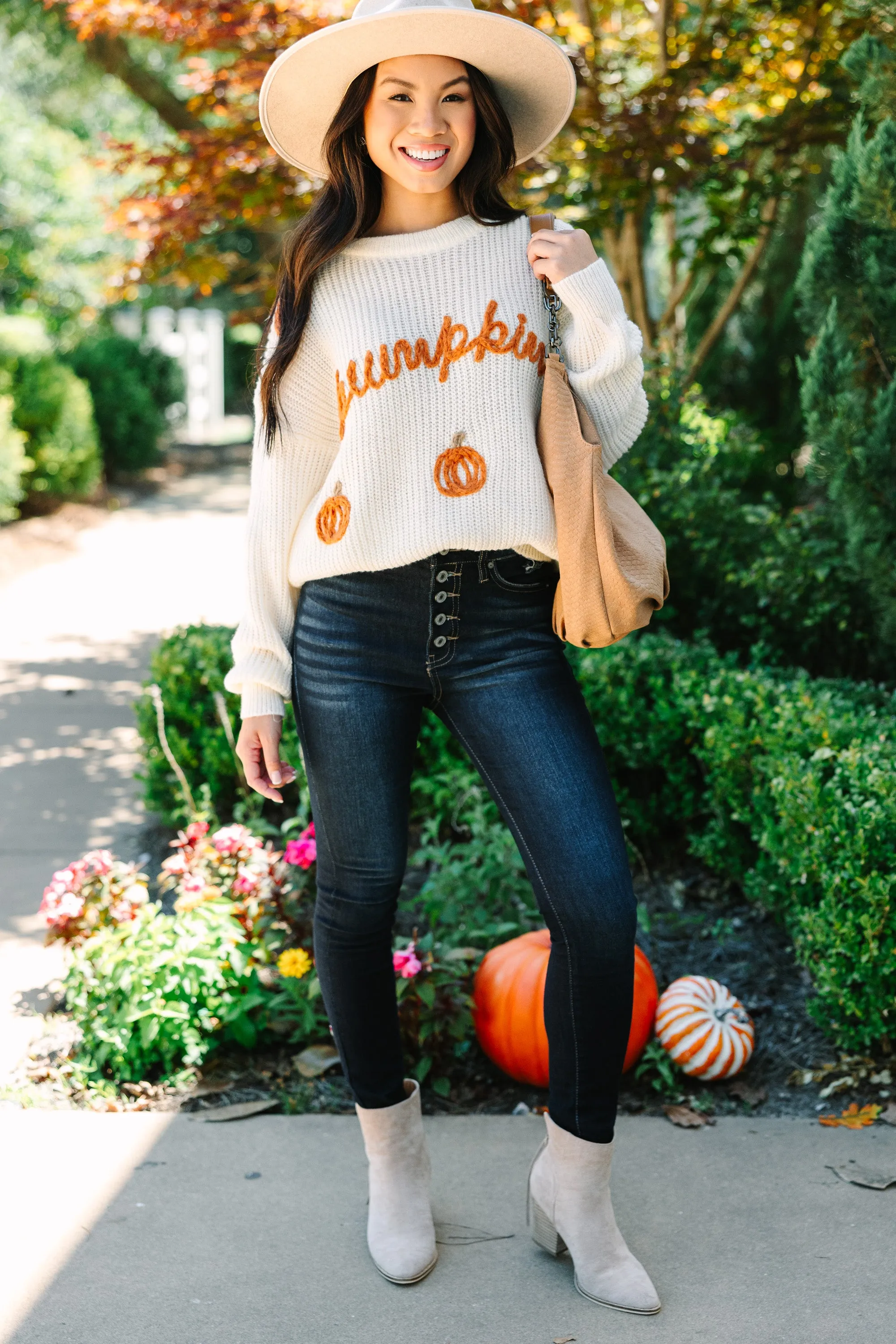 Hey Pumpkin Oatmeal White Stitched Sweater