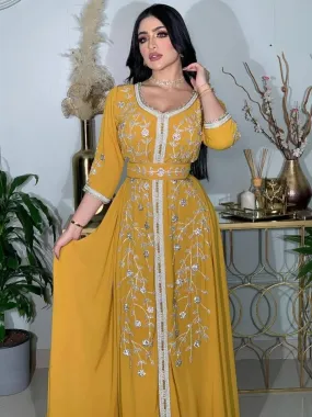 India Muslim Abaya Dresses Women Wedding Evening Party Dress Elegant Lace-up Turkey Diamond Belted Jilbab Morocco Caftan l S4833419